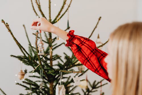 Woman Hanging an Ornament on a Christmas Tree