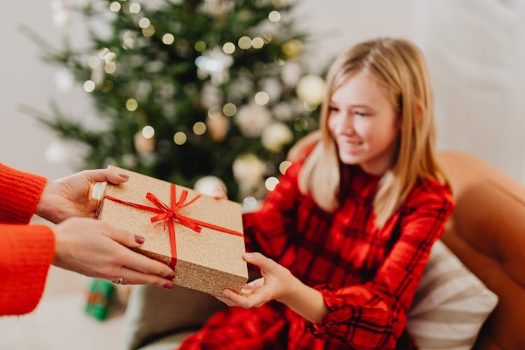 Happy Teenage Girl Receiving A Christmas Present