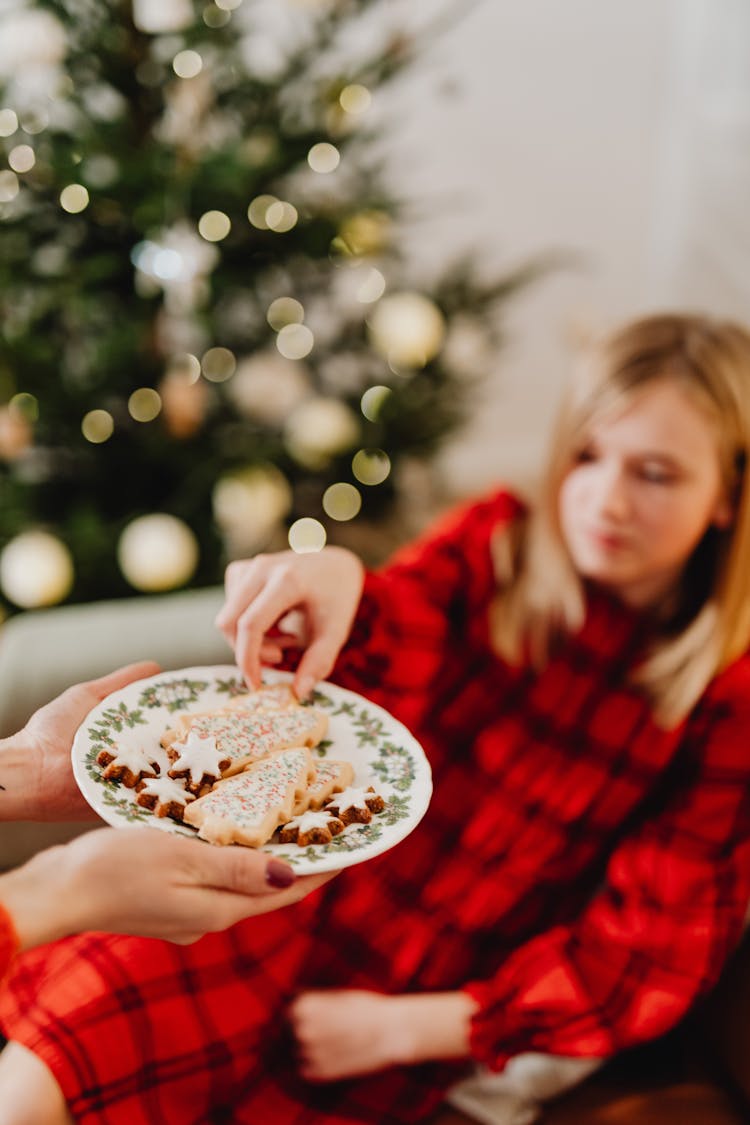 Girl In A Red Checked Dress Taking Ginger Bread Cake From A Plate At Christmas