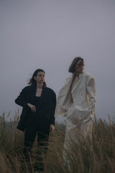 Two individuals in stylish outfits standing in a foggy dune setting.