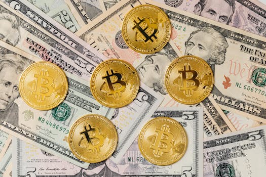 Gold bitcoins placed on a background of US dollar bills representing cryptocurrency and traditional finance.
