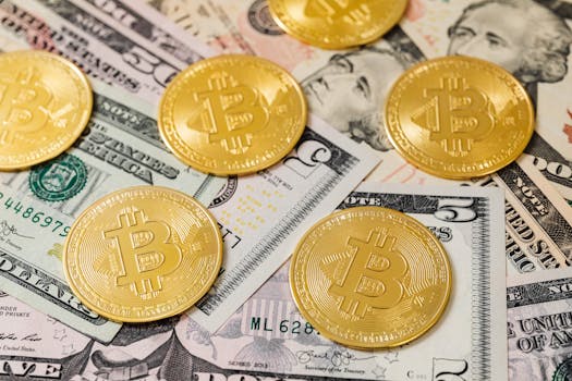 Golden Bitcoin coins scattered over US dollar bills, symbolizing modern digital currency.