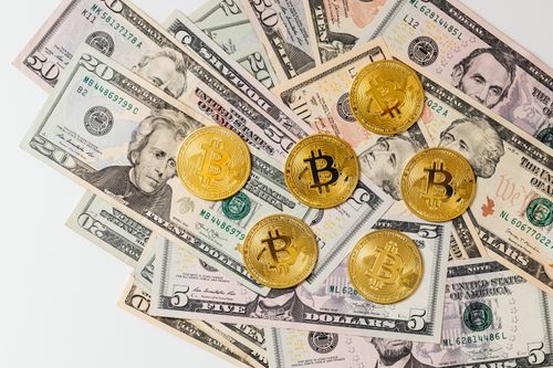 Free A selection of Bitcoin coins placed on US dollar bills representing cryptocurrency and traditional money. Stock Photo