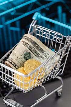 Shopping cart filled with bitcoins and US dollars, symbolizing digital investment.