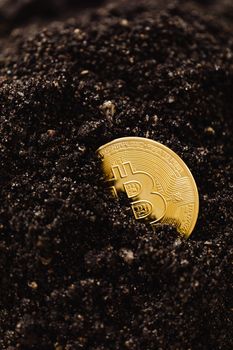 部分黄金比特币硬币埋在黑土中，象征着数字货币和投资