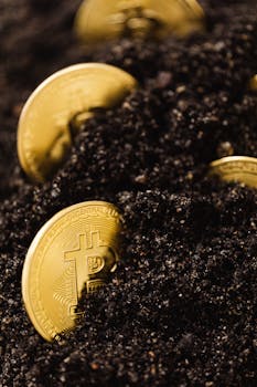 Close-up of gold bitcoins partially buried in rich dark soil, symbolizing cryptocurrency and wealth.