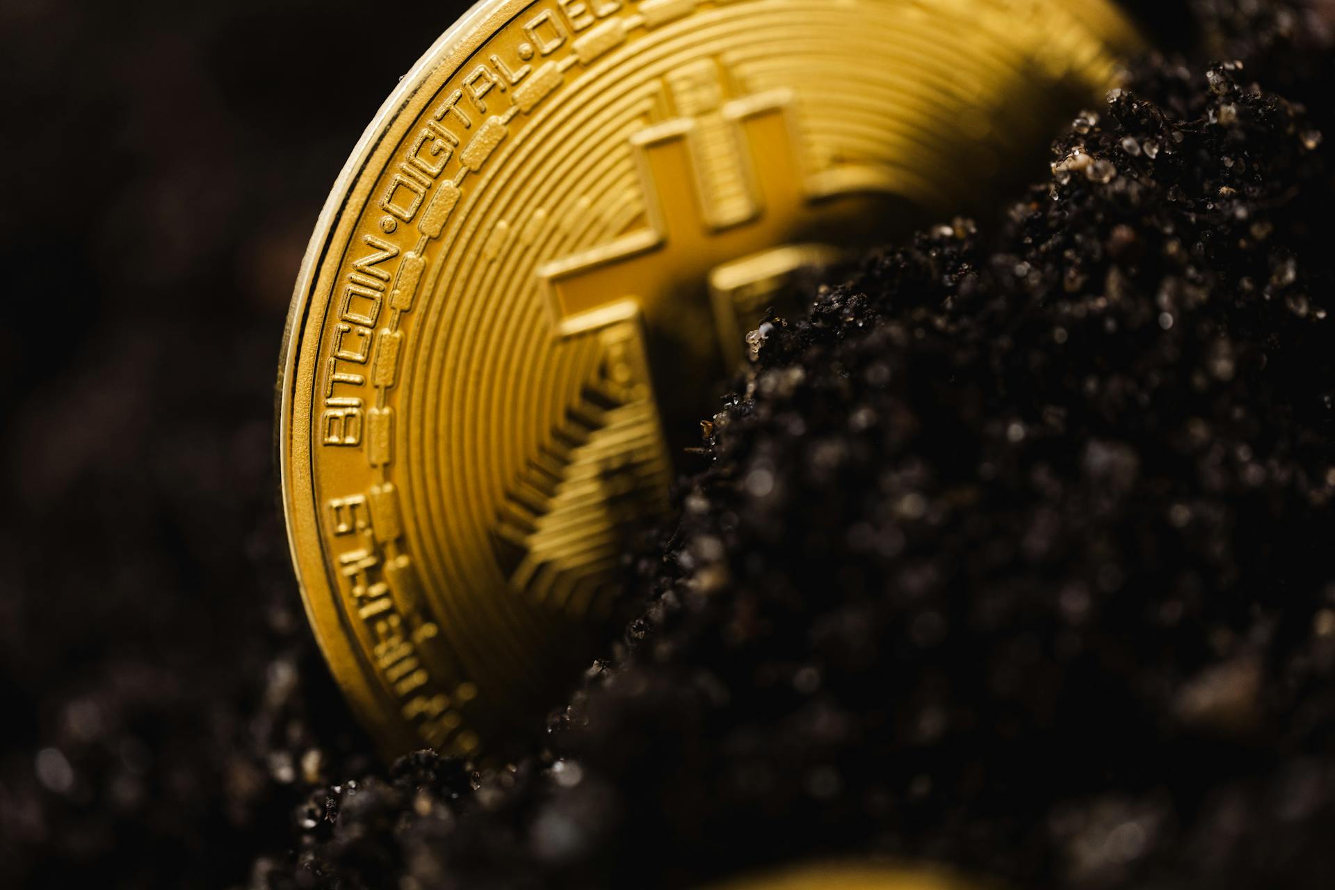 Close-Up Shot of a Bitcoin Buried in the Ground