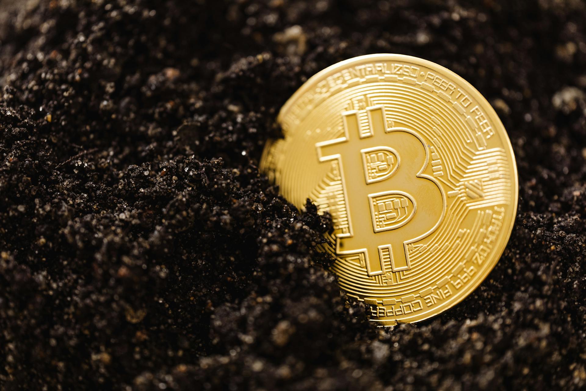 Close-Up Shot of a Bitcoin Buried in the Ground