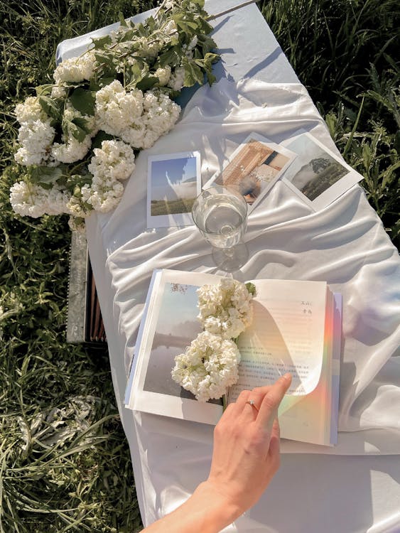 Free Crop woman reading book on grass Stock Photo