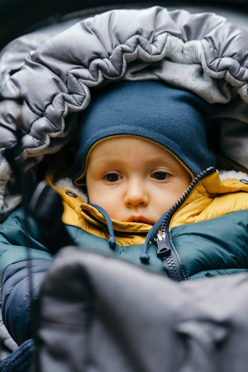 A Little Boy in Warm Clothes Sitting in a Stroller