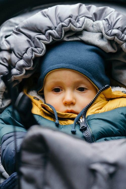 Free Adorable baby bundled in warm clothing, sitting in a stroller outdoors during winter. Stock Photo