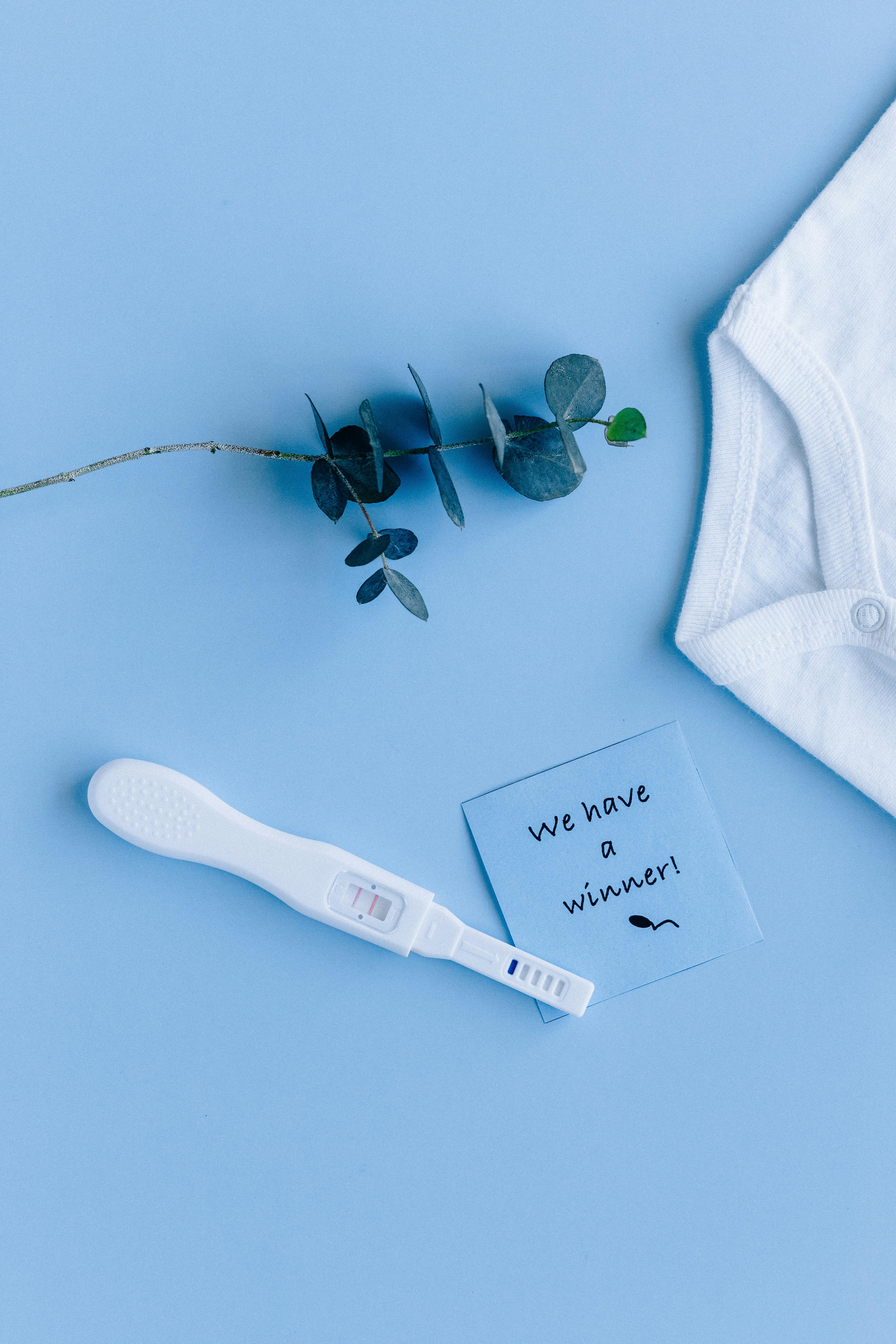 white pregnancy test kit with green leaves and white textile