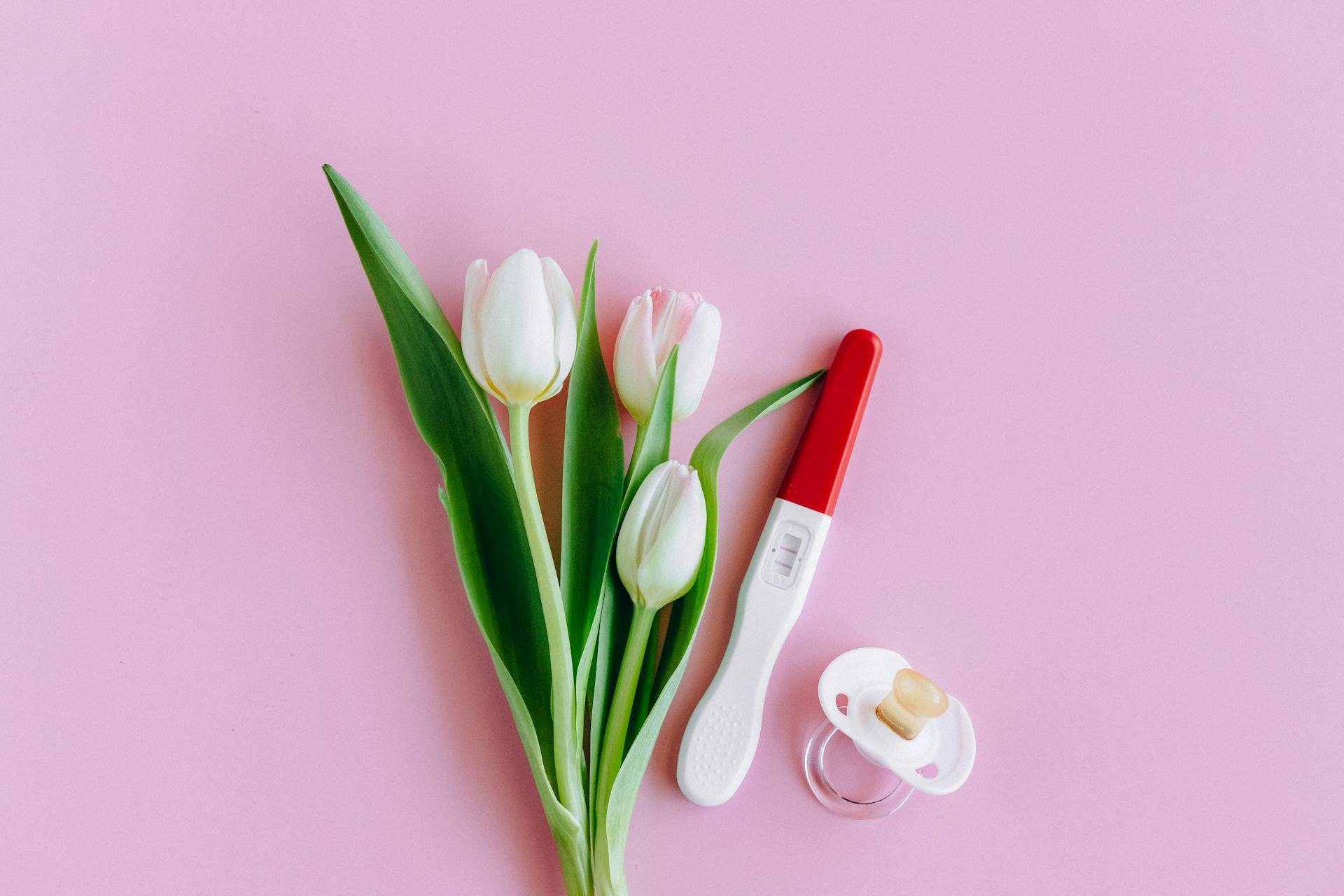 Flat lay of pregnancy test, pacifier, and tulips on pink surface conveying fertility and new beginnings.