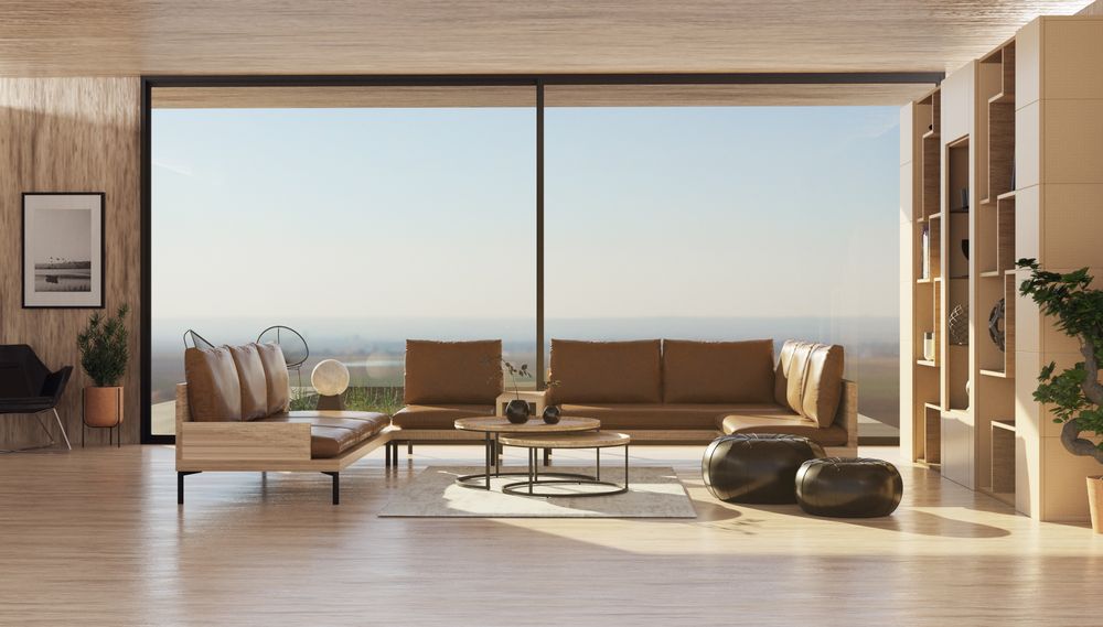 Spacious, bright living room with wooden floor and large windows