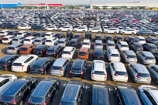 From above of rows with many modern new shiny automobiles of contemporary industry in daytime