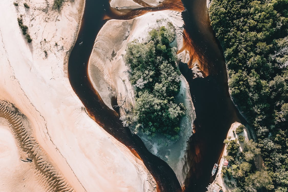 Aerial view of brown river flowing among sandy beach surrounded by lush green forest in tropical countryside in sunlight