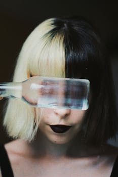 Young female with modern hairstyle and makeup hiding eyes behind bottle of water while standing in dark room