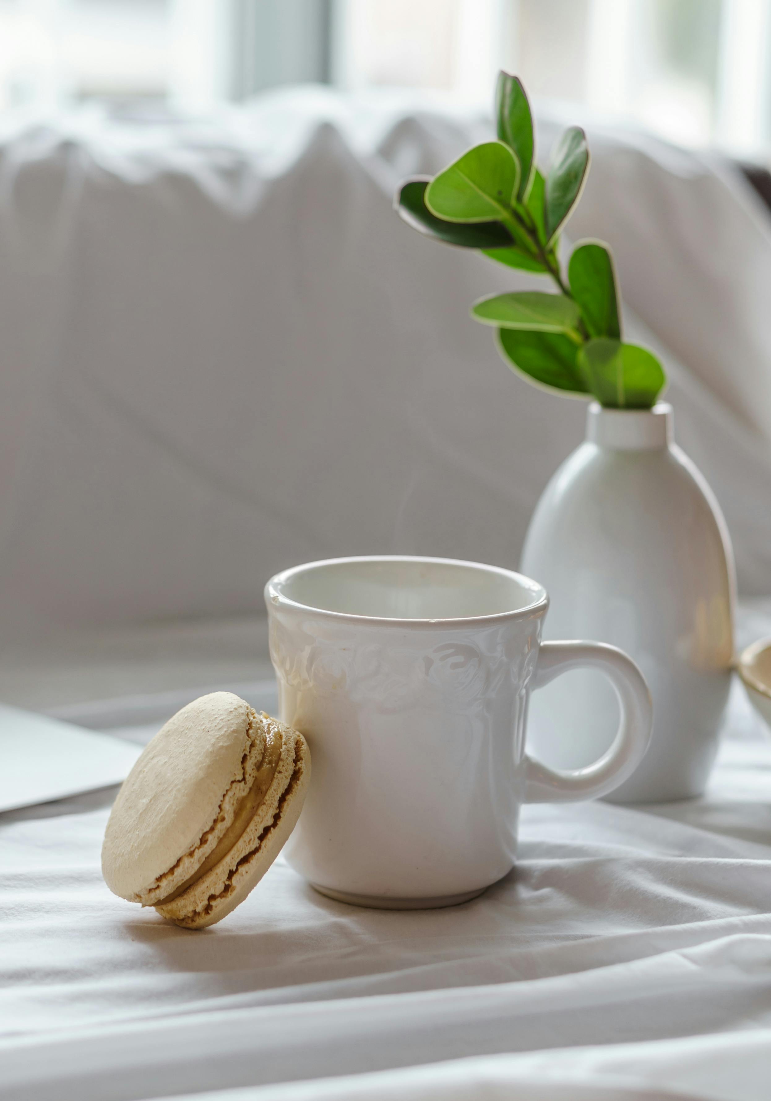 Ceramic mug and delicious macaroon on creased fabric · Free Stock Photo