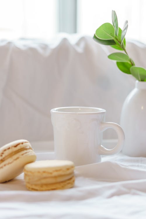 Yummy meringue sandwiches near ceramic mug and vase with green plant sprig on creased textile at home