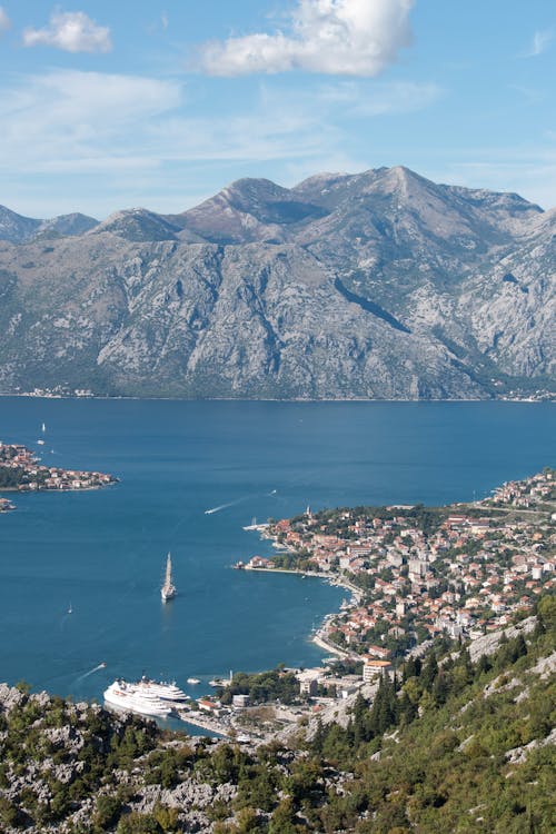 Picturesque view of rocky coastline with small town