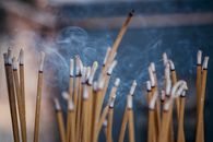 Various types of smoldering aroma sticks with smoke on stand in cozy apartment
