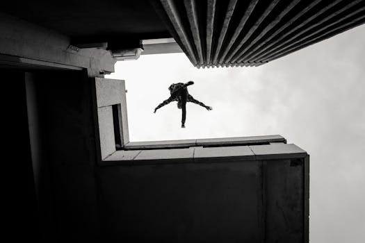 Silhouette of a person performing a parkour jump between buildings in Cape Town, South Africa.