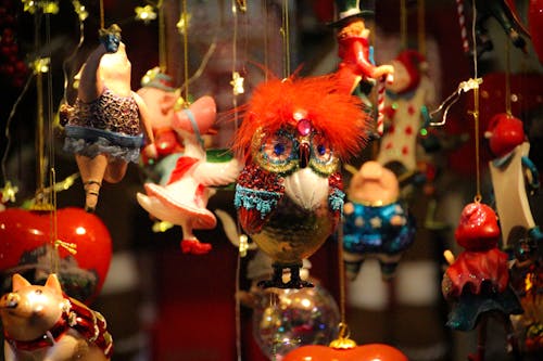 Close-up of Colorful Christmas Toys Hanging 