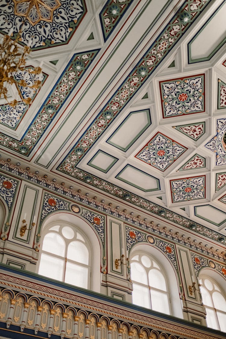 Low-Angle Shot Of An Intricate Design Of A Ceiling