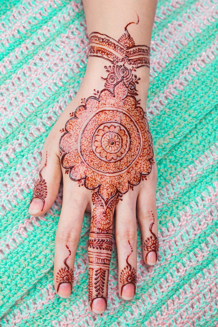 A Person's Hand With Floral Pattern Henna Tattoo