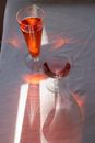 Crystal glasses with beverages on table