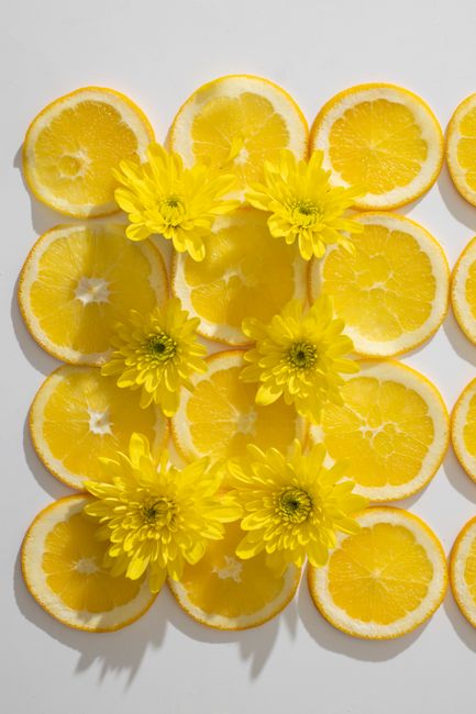 From above arrangement of fresh juicy citrus fruit slices and yellow flowers on white background