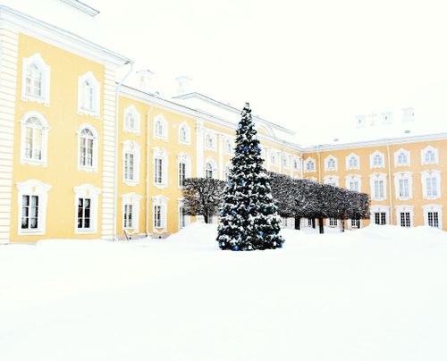 Free A picturesque snowy courtyard adorned with a Christmas tree against a historic building. Stock Photo
