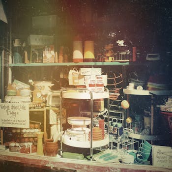 A vintage storefront showcasing retro kitchen accessories and decor items for sale.