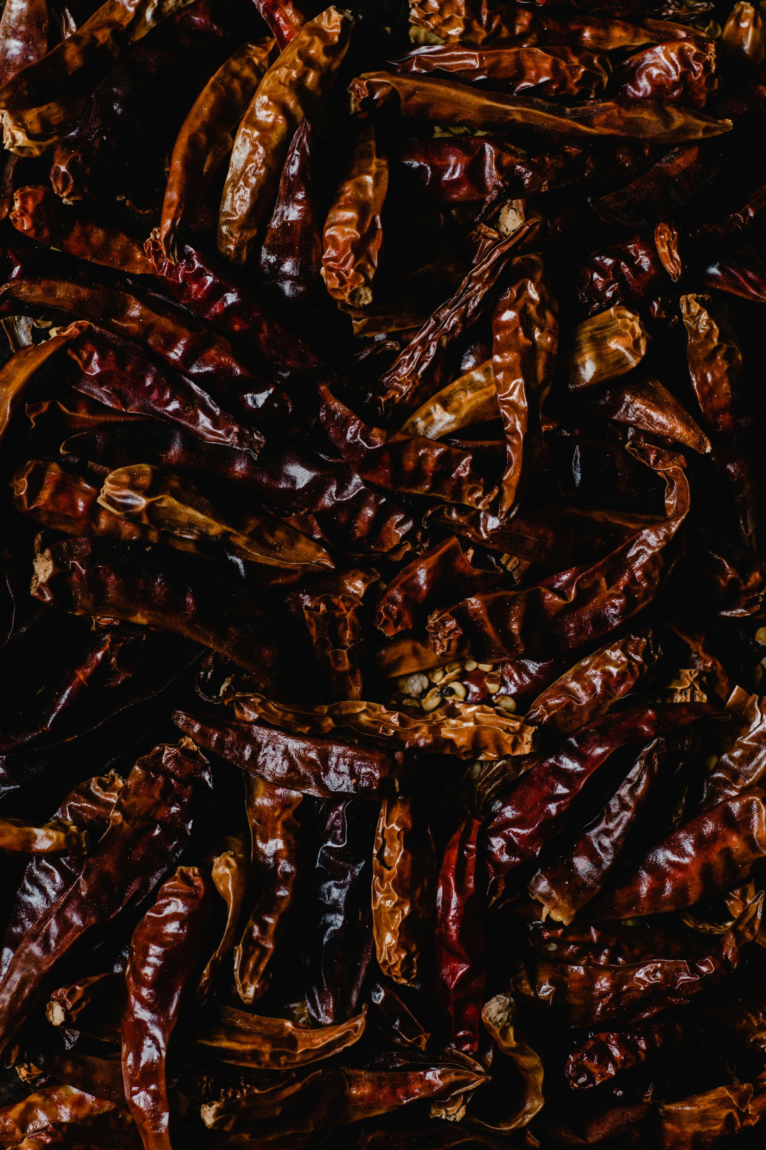 a close up shot of dried chili peppers