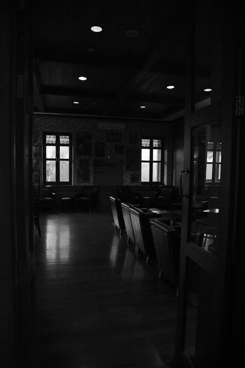 Black and white interior of contemporary spacious restaurant with leather armchairs and paintings on walls