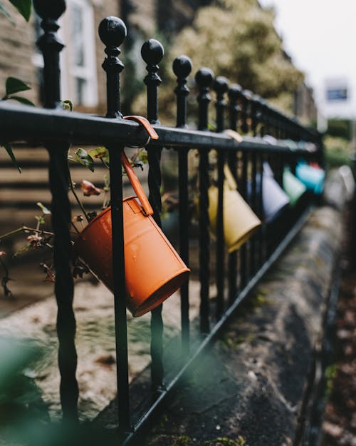 Plants in Pots Hanging on a Metal Fence Outdoors