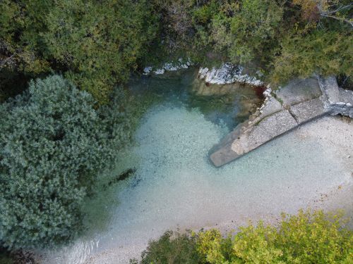 Free Aerial scenery of cold clean lake surrounded by verdant deciduous trees in peaceful nature on clear day Stock Photo