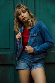 Stylish young woman in denim jacket and shorts leaning against a wooden door, showcasing casual fashion.
