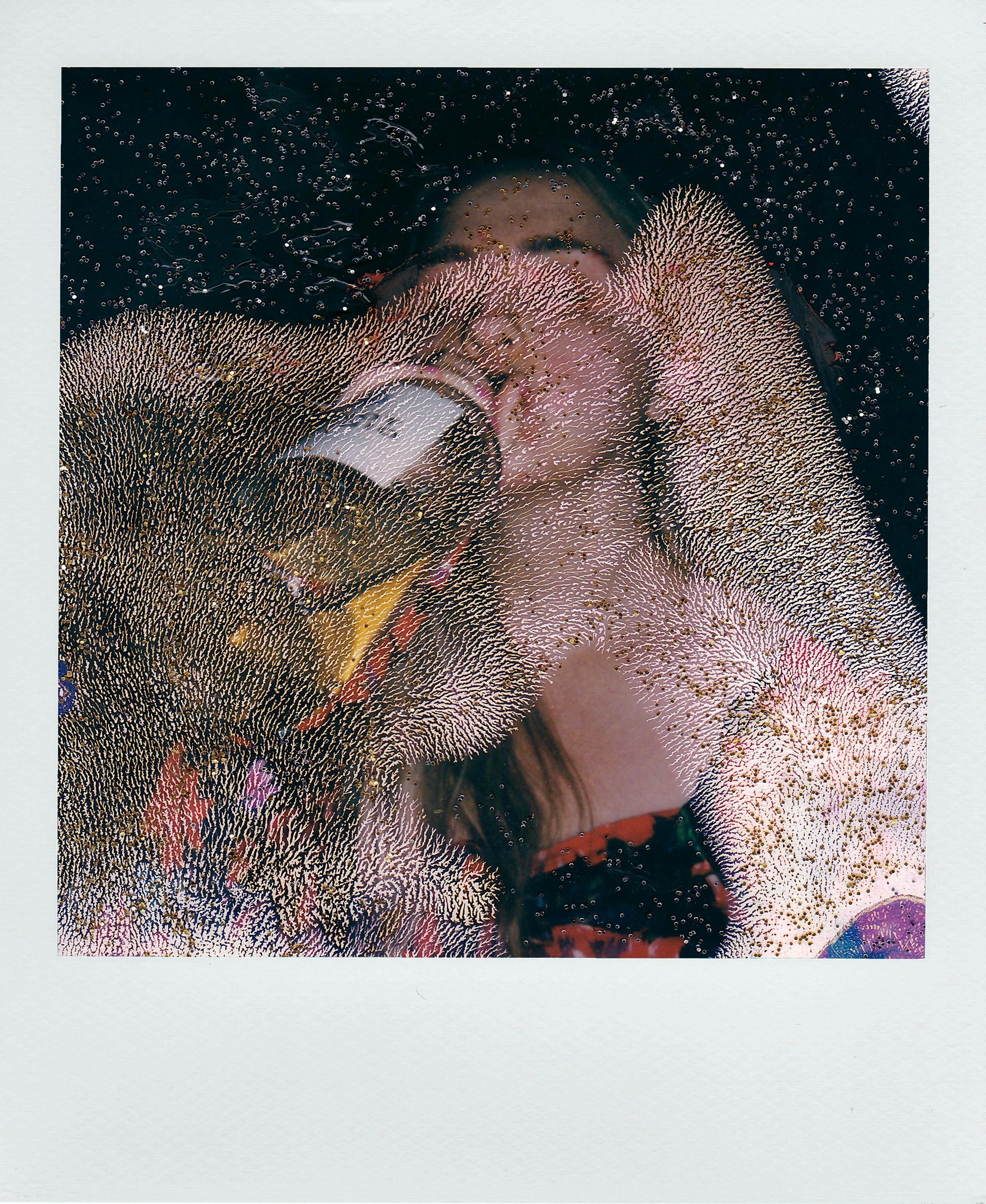 Abstract textured Polaroid photo capturing a party scene with wine and artistic effects.