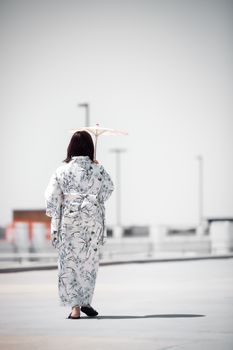 一位身穿和服的女子手持遮阳伞的背影，象征着日本文化