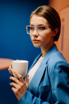 Portrait of a young woman in eyeglasses holding coffee cup in modern office setting.