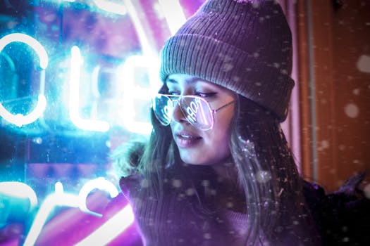 A young woman in a beanie surrounded by neon lights and falling snow at night, creating a cool and vibrant atmosphere.