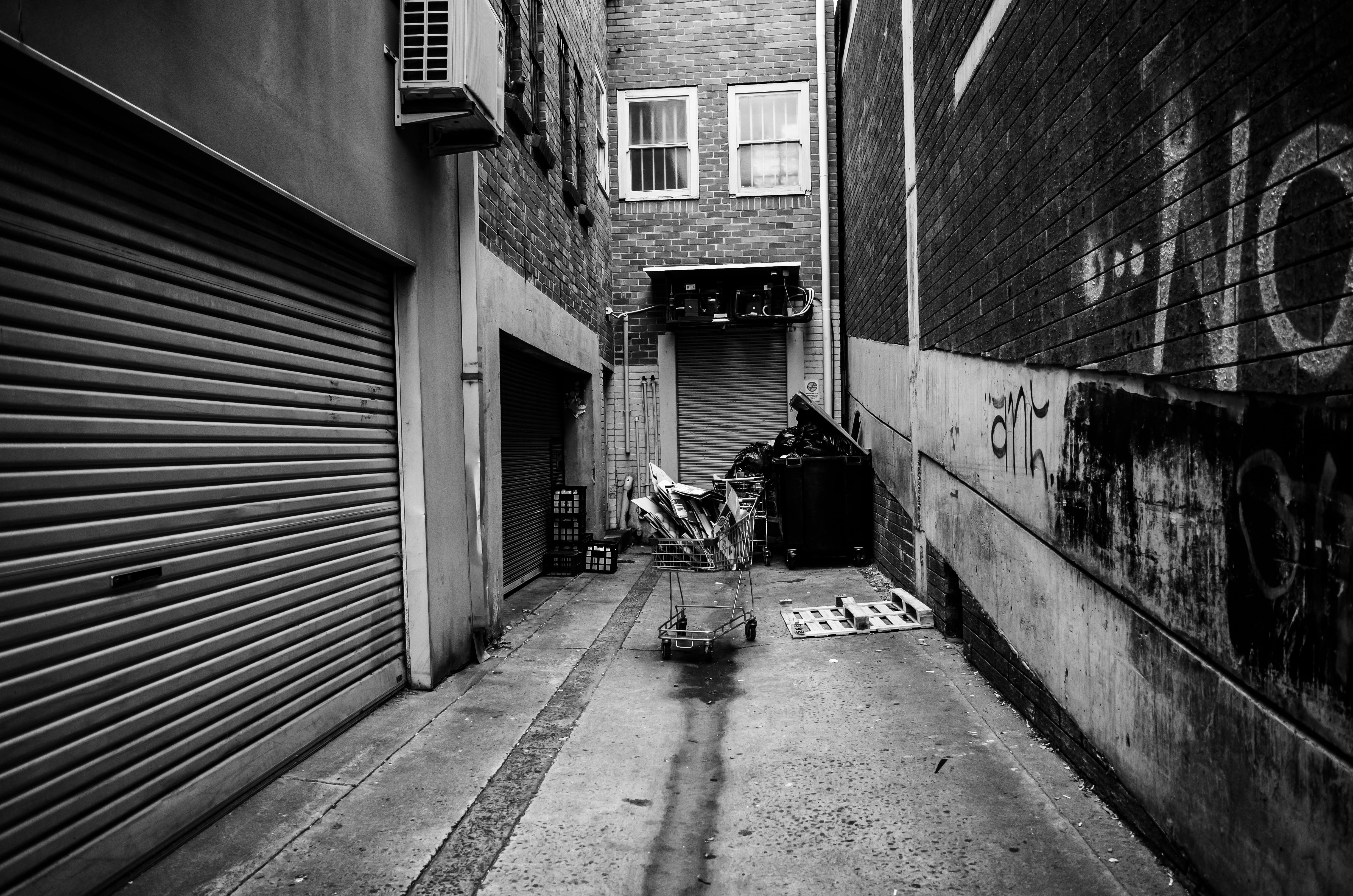 Free A black and white image of an urban alley with graffiti, trash, and a shopping cart. Stock Photo
