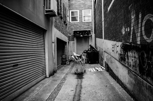 Free Grayscale Photo of Garbage Bin at the Dead End Between Brick Buildings Stock Photo