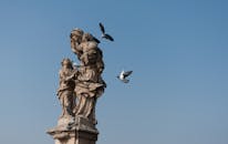 晴朗的天空下，石像上装饰着鸽子