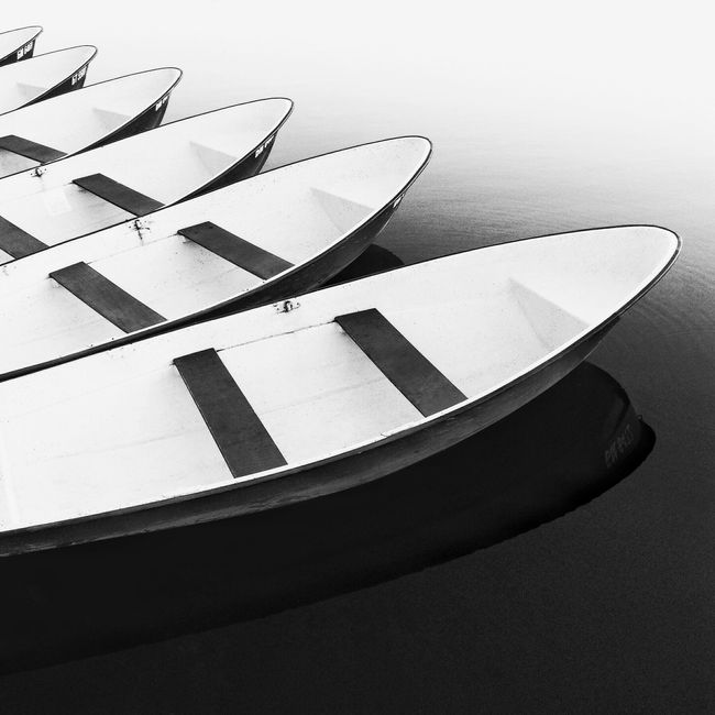 Monochrome image of sleek canoes aligned on calm water, emphasizing minimalism.