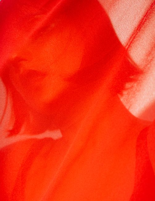 Artistic portrait of a person with short hair draped in red fabric, creating a mysterious effect.