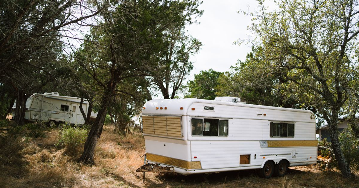Vintage camper trailers set amidst trees in a peaceful Texas forest scene.