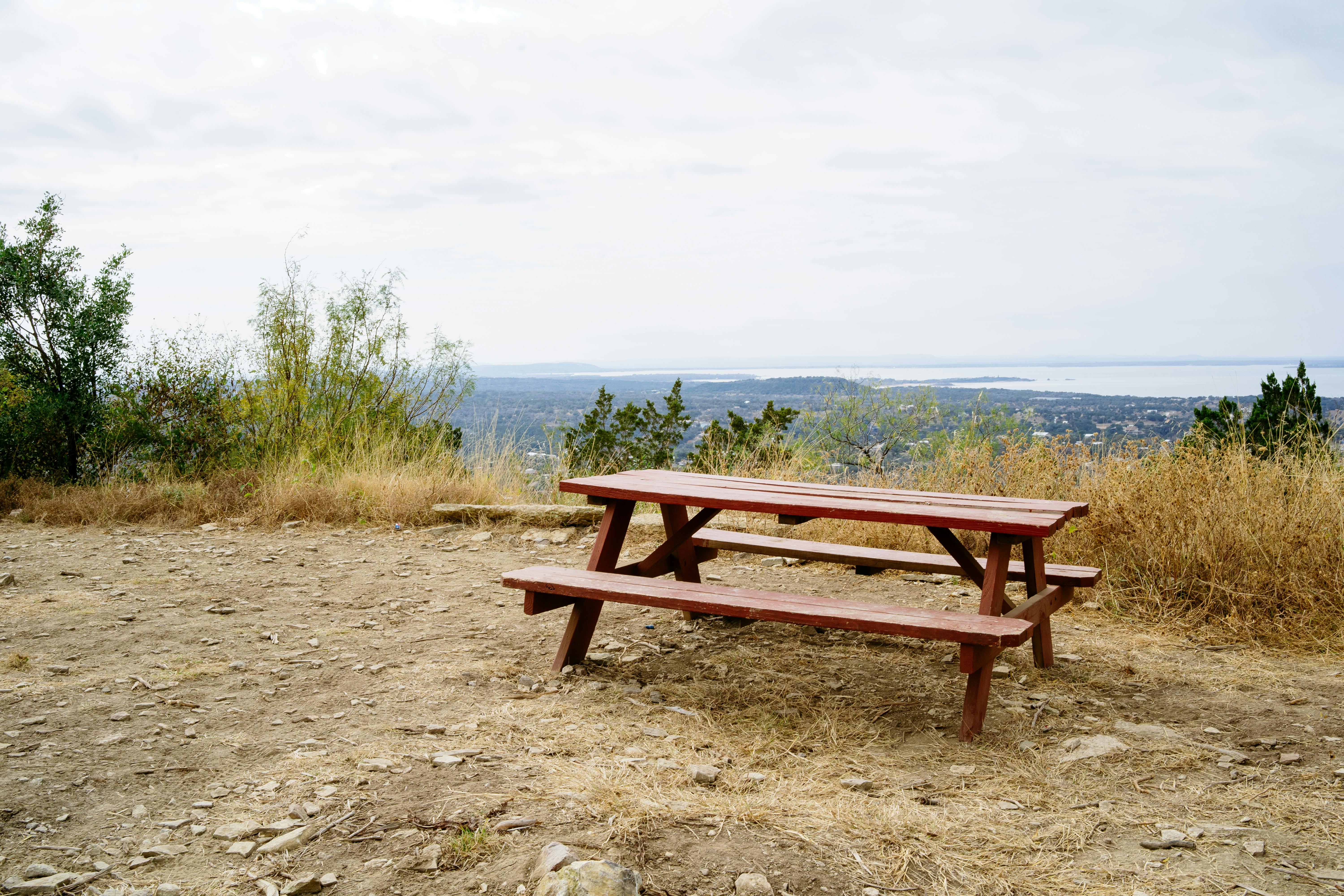 A Wooden Picnic Table Near Brown Grass · Free Stock Photo