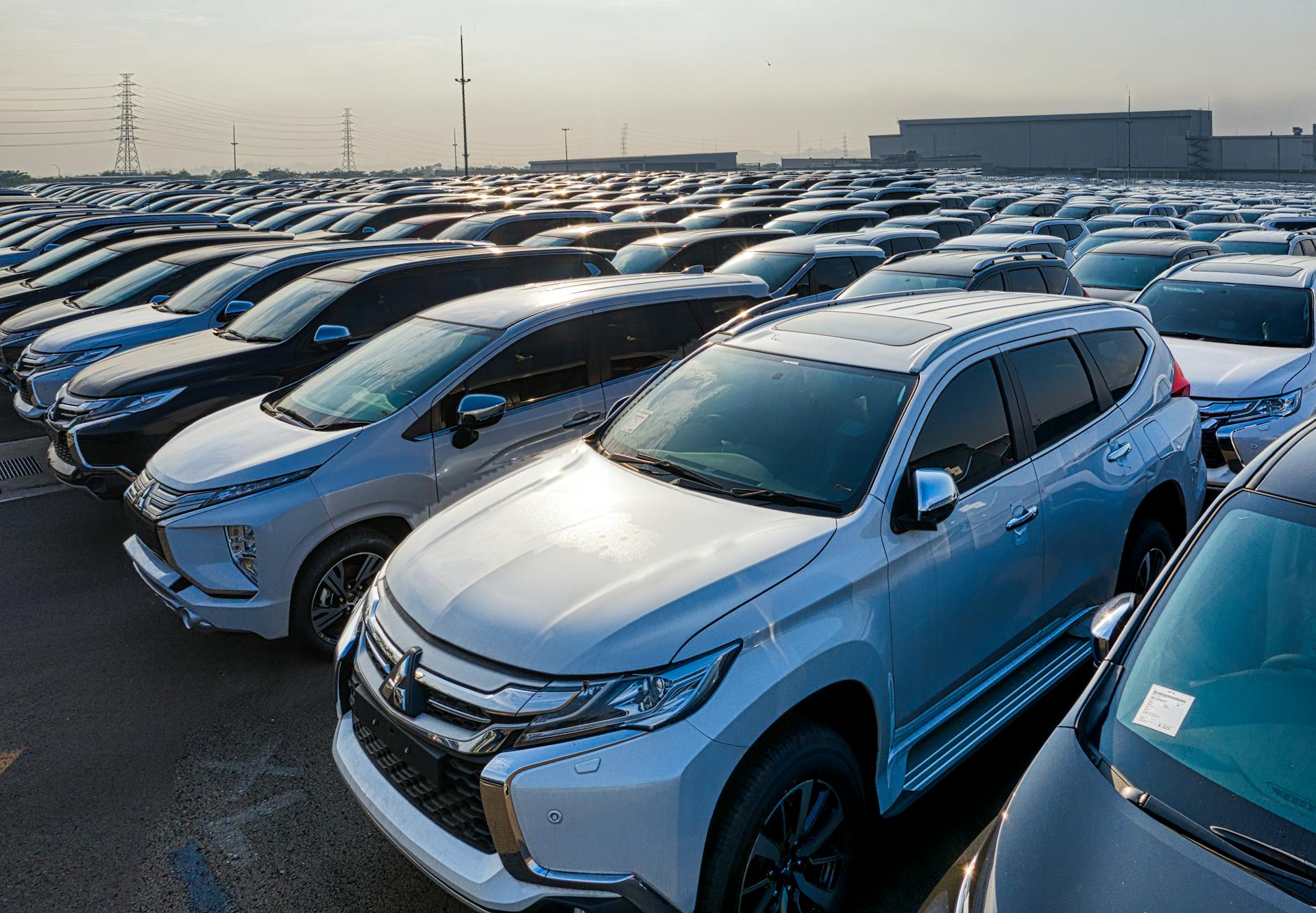 Aerial view of numerous modern cars parked outdoors in Bekasi, Indonesia